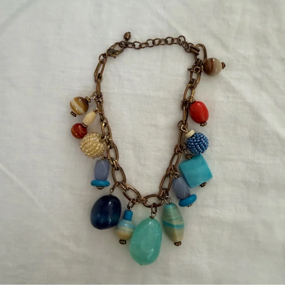 Boho Charm Bracelet Mixed Beads Antiqued Brass Chain Adjustable